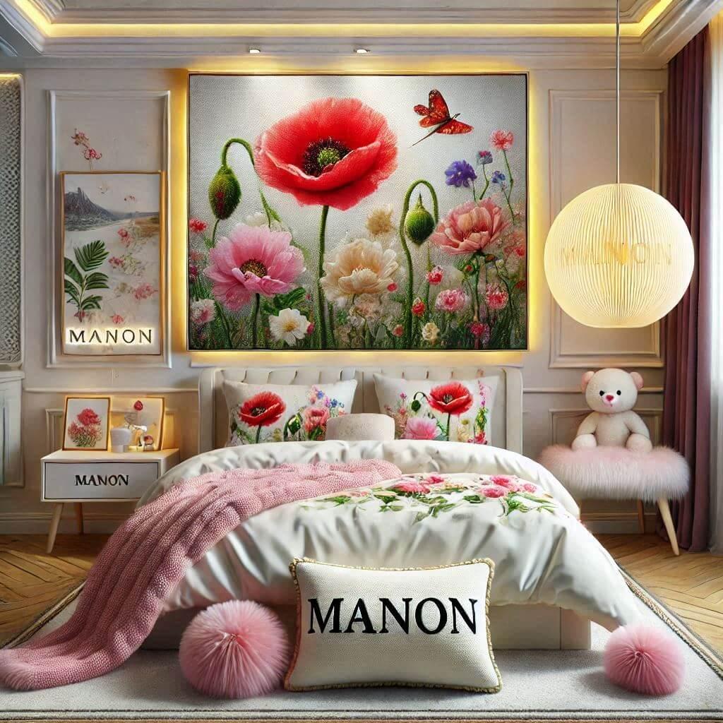 Une image realiste dune chambre denfant avec un theme tapisserie fleur coquelicot des elements personnalises avec le prenom manon sur un coussin et des tapis en fourrure un lit ave