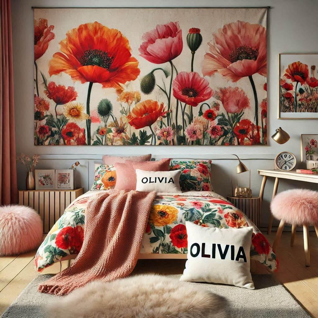 Une image realiste dune chambre denfant avec un theme tapisserie fleur coquelicot des elements personnalises avec le prenom olivia sur un coussin et des tapis en fourrure un lit av