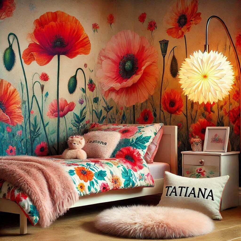 Une image realiste dune chambre denfant avec un theme tapisserie fleur coquelicot des elements personnalises avec le prenom tatiana sur un coussin et des tapis en fourrure un lit a