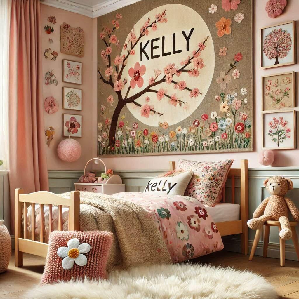 Une image realiste dune chambre denfant avec un theme tapisserie fleur de cerisiers des elements personnalises avec le prenom kelly des tapis en fourrure un lit avec des coussins f