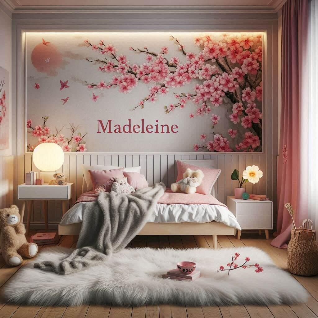 Une image realiste dune chambre denfant avec un theme tapisserie fleur de cerisiers des elements personnalises avec le prenom madeleine des tapis en fourrure un lit avec des coussi