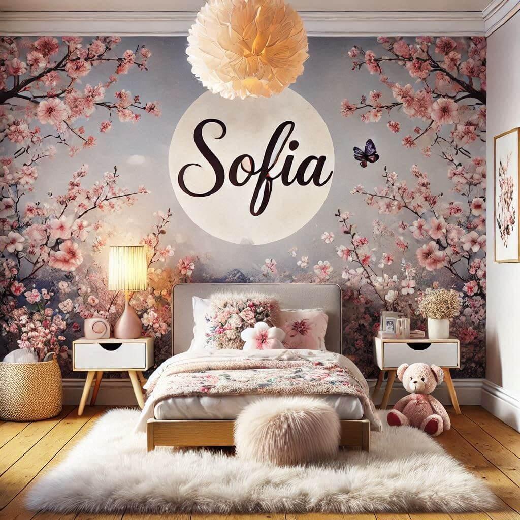 Une image realiste dune chambre denfant avec un theme tapisserie fleur de cerisiers des elements personnalises avec le prenom sofia des tapis en fourrure un lit avec des coussins f