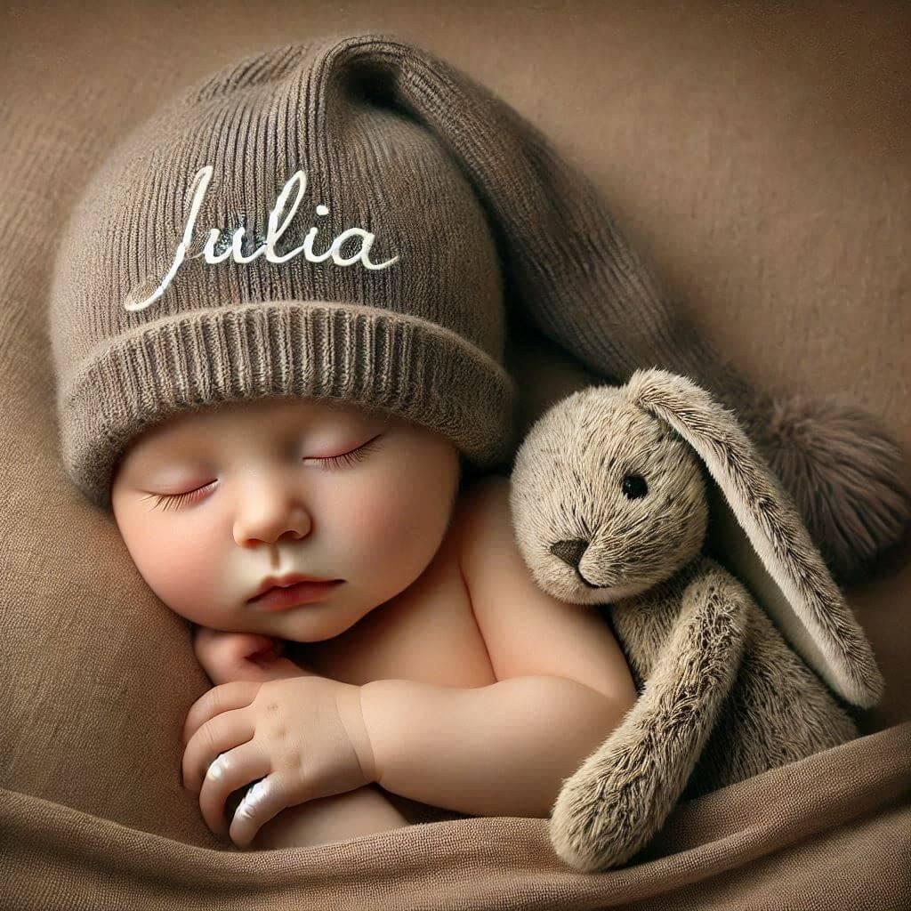 bébé prénom Julia, qui dort paisiblement avec son doudou lapin