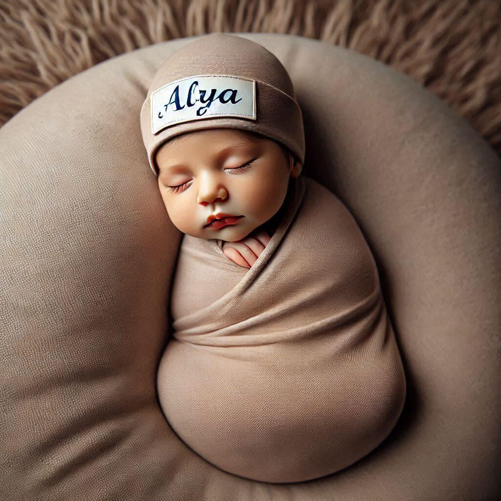 Une image tres realiste le prenom alya sur le bonnet dun bebe avec le bebe qui dort paisiblement sur un enorme coussin couleur taupe enmaillote photo de professionnel 1