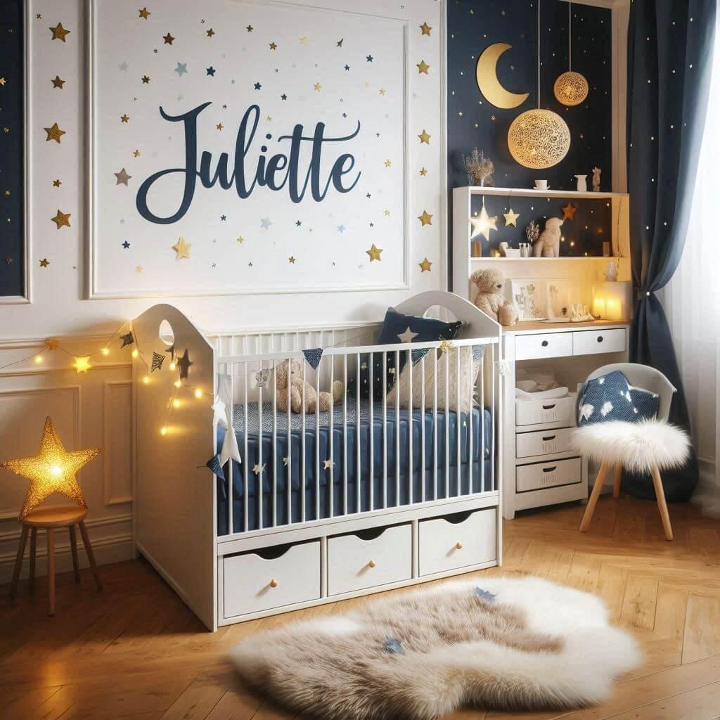 Une jolie chambre de bebe avec le prenom juliette ecrit en francais avec un lit cabane avec des tiroirs theme ciel etoile blanc bleu nuit et moutarde avec des guirlandes lumineuses