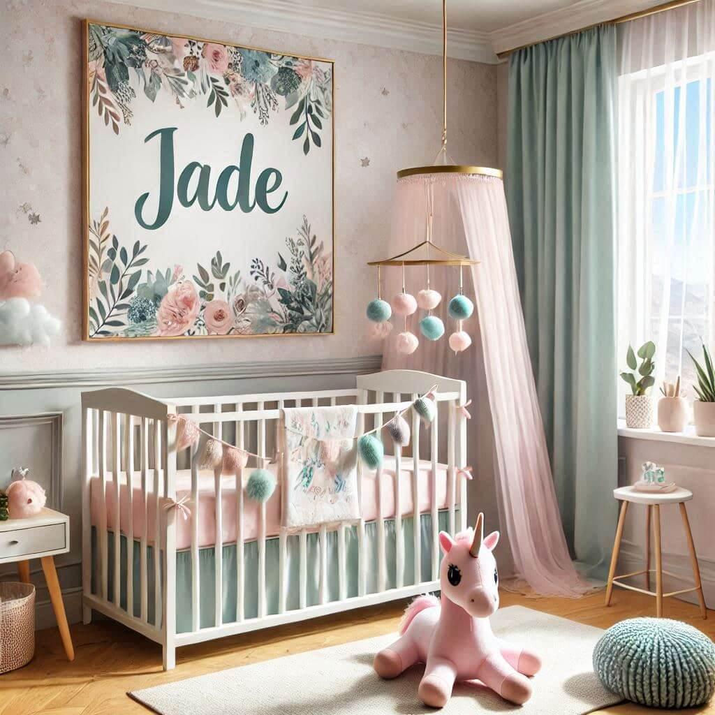 Une jolie chambre de bebe avec un lit a barreaux ecrit le prenom jade sur une affiche theme ciel etoile bleu clair et rose poudre tapisserie imprimes feuillage ciel de lit mobile d