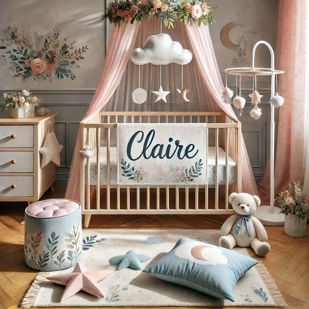 Une jolie chambre de bebe avec un lit a barreaux prenom claire theme ciel etoile bleu clair et rose poudre tapisserie imprimes feuillage ciel de lit mobile decoration feuilles pour