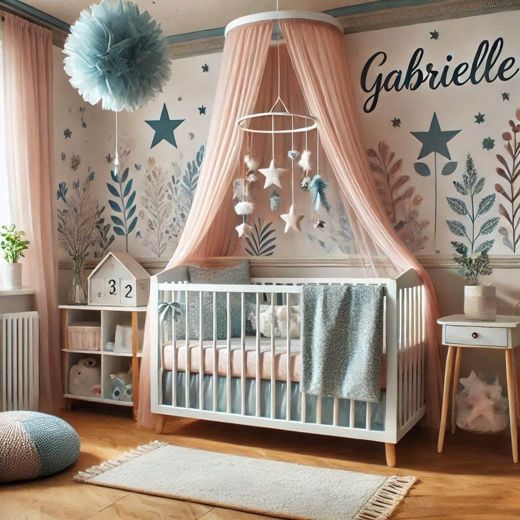 Une jolie chambre de bebe avec un lit a barreaux prenom gabrielle theme ciel etoile