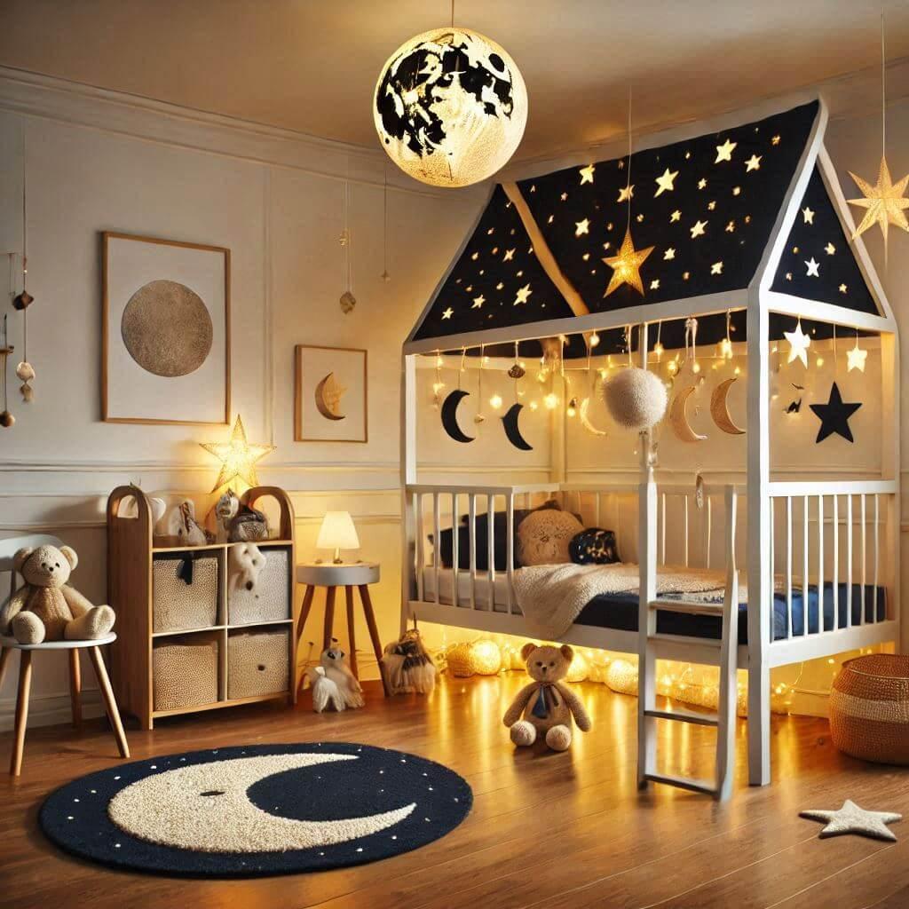 Une jolie chambre de bebe avec un lit cabane theme ciel etoile blanc bleu nuit et moutarde avec des guirlandes lumineuses des tapis en forme de lune