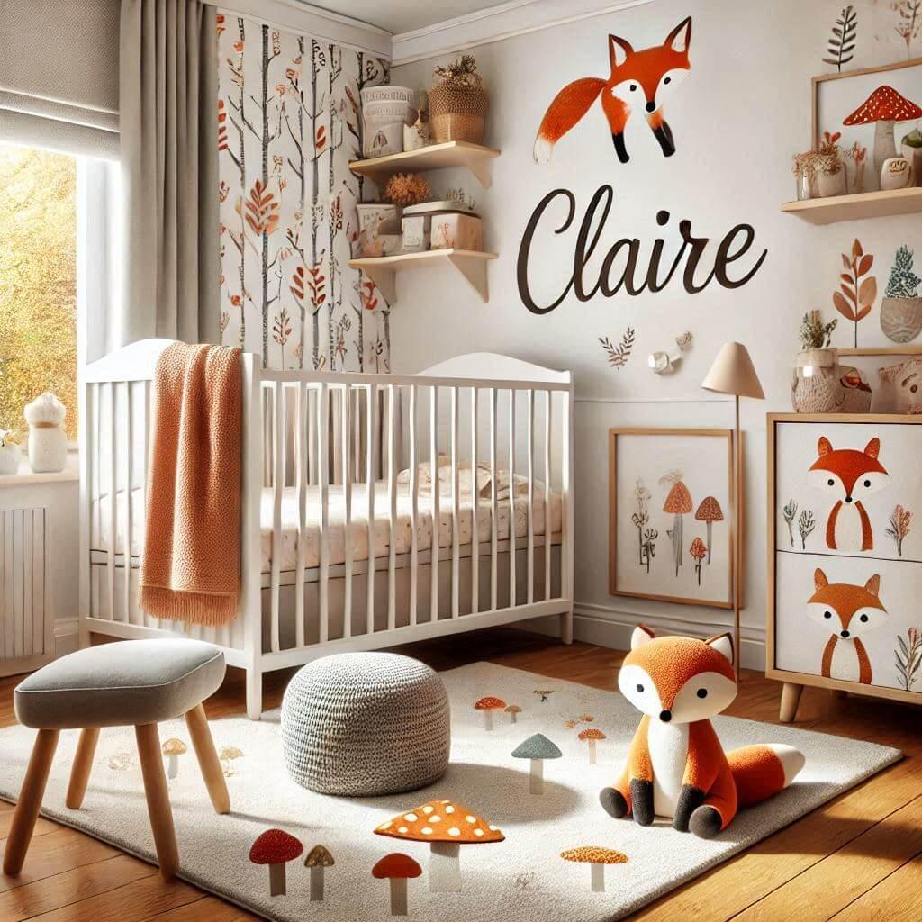 Une jolie chambre de bebe avec un lit simple prenom claire ecrit en francais theme renard automne meuble cube et tapis motifs champignon 1