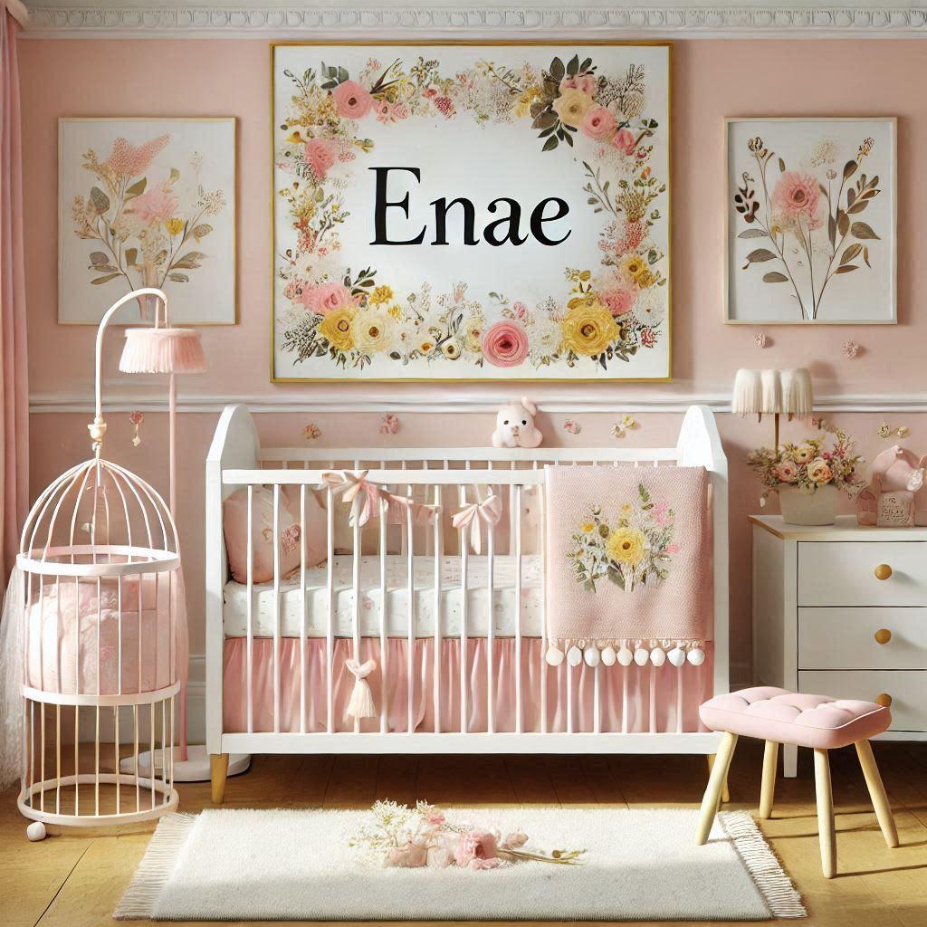 Une jolie chambre de bebe fille avec le prenom enae dans les tons blanc jaune rose pastel theme fleuri