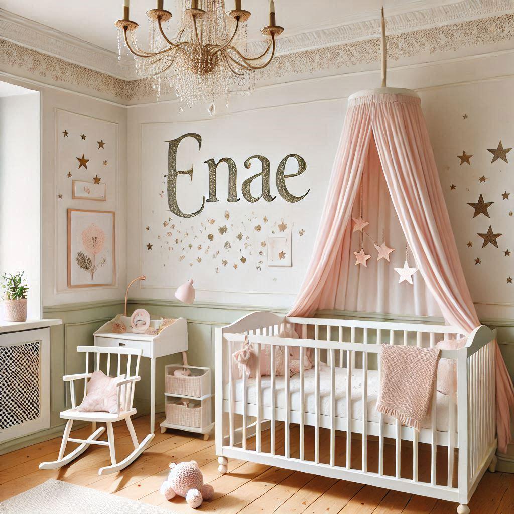 Une jolie chambre de bebe fille dans les tons blanc nacre et verts pastel avec un lit cabane et le prenom enae