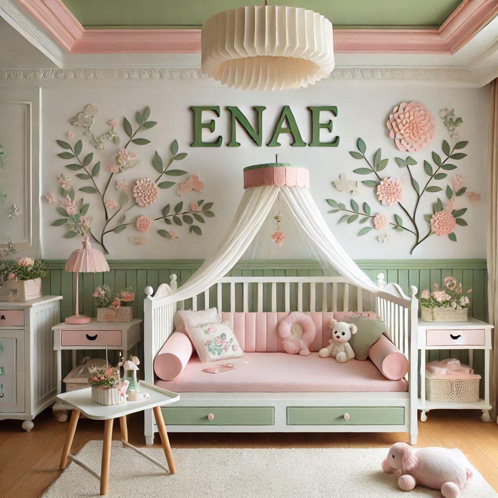 Une jolie chambre de bebe fille dans les tons blanc nacre et verts pastel style oriental avec le prenom enae