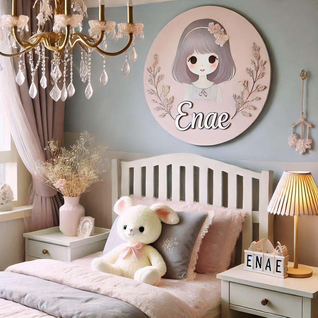 Une jolie chambre de bebe fille moderne et epuree avec une pancarte ou il y a ecrit le prenom enae