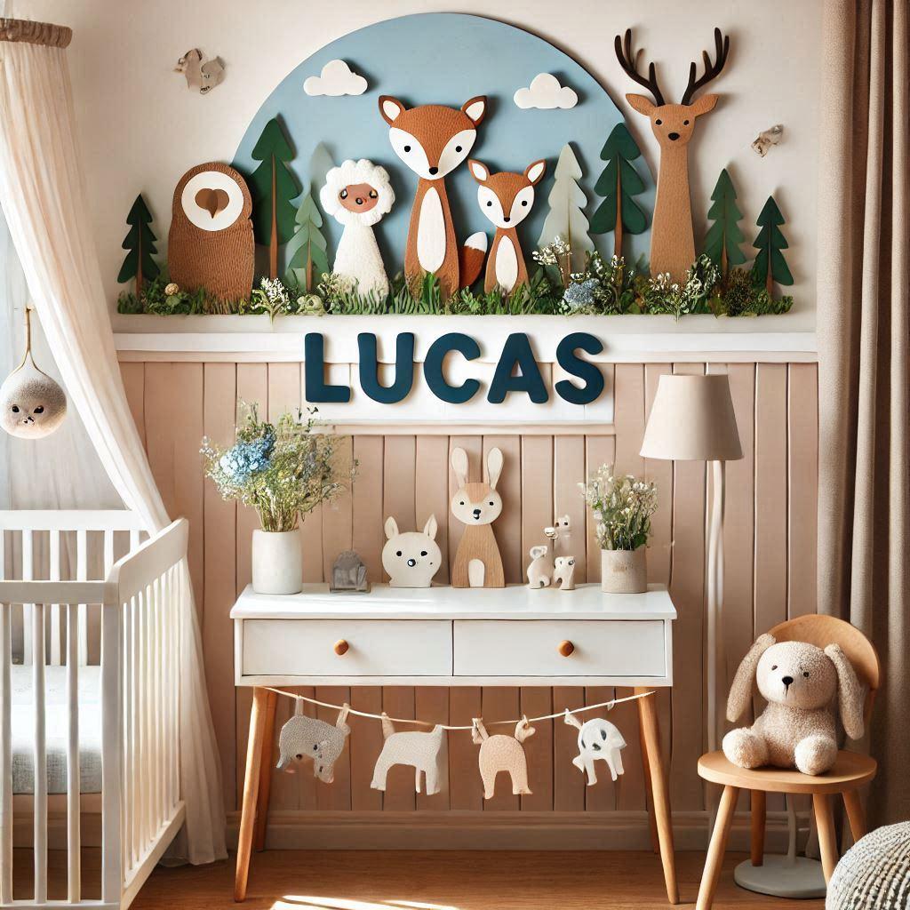 Une jolie chambre de bebe garcon avec le prenom lucas et avec des animaux de la foret en decoration 2