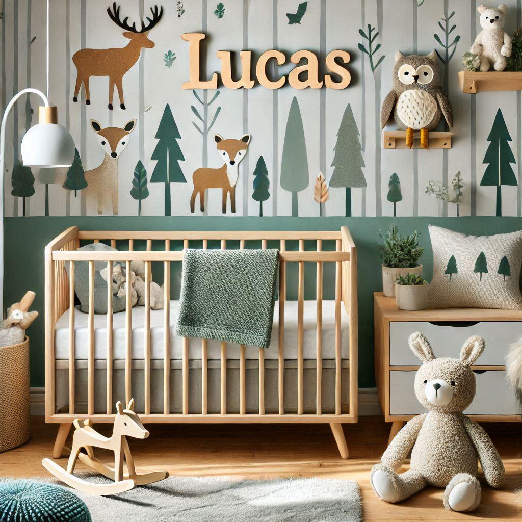 Une jolie chambre de bebe garcon avec le prenom lucas et avec des animaux de la foret en decoration