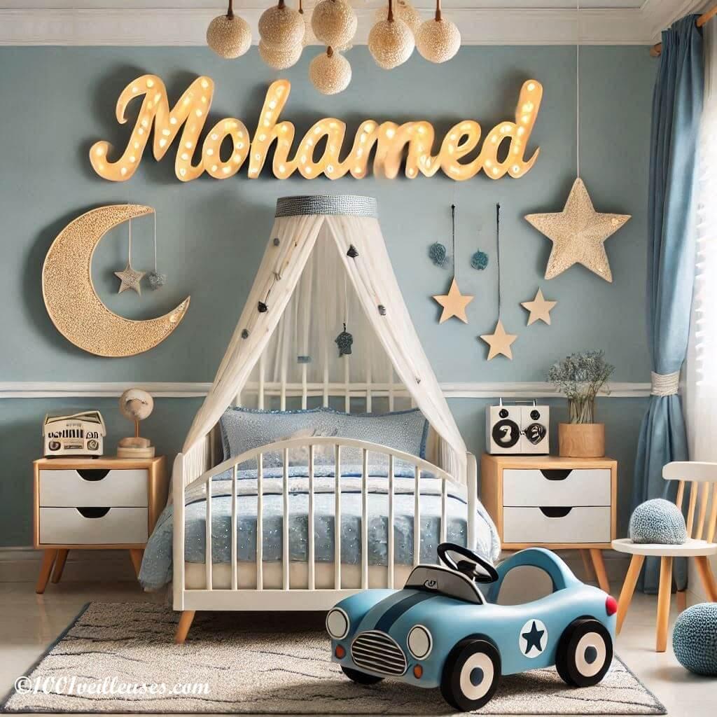 Une jolie chambre de bebe garcon avec un lit en forme de voiture et son prenom mohamed en decoration