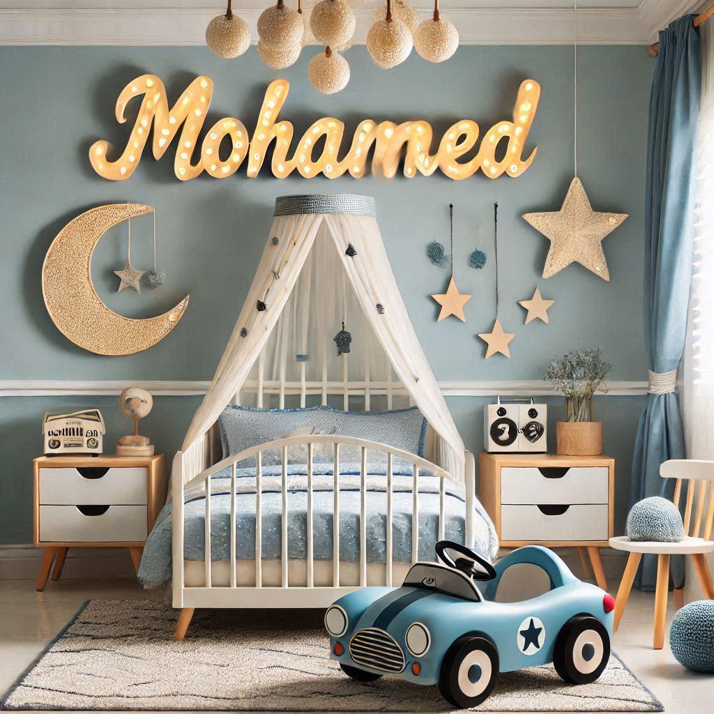 Une jolie chambre de bebe garcon avec un lit en forme de voiture et son prenom mohamed en decoration