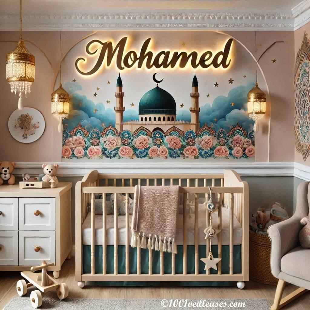 Une jolie chambre de bebe garcon sur le theme oriental avec son prenom mohamed en decoration 1