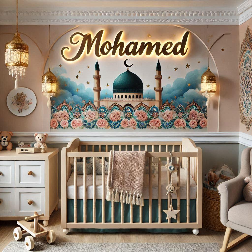 Une jolie chambre de bebe garcon sur le theme oriental avec son prenom mohamed en decoration 1