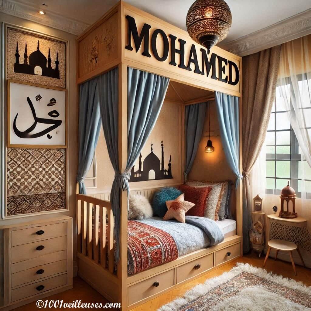 Une jolie chambre de bebe garcon sur le theme oriental avec un lit cabane avec son prenom mohamed en decoration