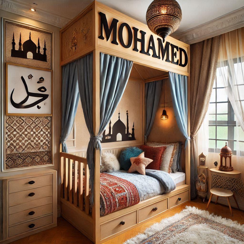 Une jolie chambre de bebe garcon sur le theme oriental avec un lit cabane avec son prenom mohamed en decoration