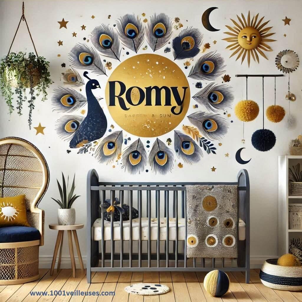 Une jolie chambre de bebe personnalisee au prenom romy couleur bleu canard moutarde bleu nuit jaune theme terre et soleil 1