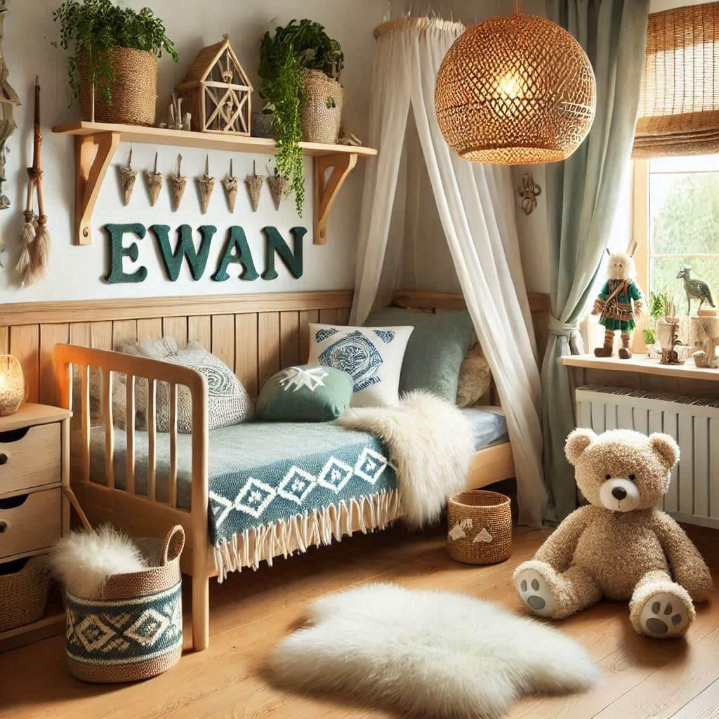 Une jolie chambre de garcon prenom ewan theme celtique lit simple etagere decoration peluche couleur bois vert d eau blanc tapis en fourrure lampe en rotin allumee