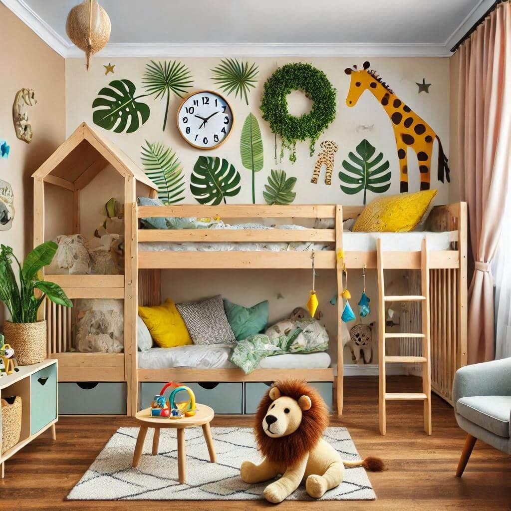 Une jolie chambre de petit garcon avec un lit mezzanine et un espace de jeu en dessous theme jungle 1