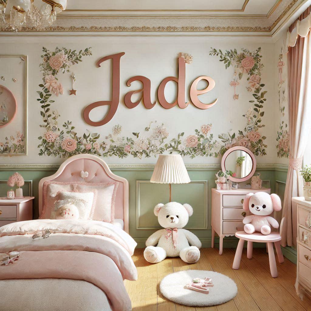 Une jolie chambre de petite fille avec le prénom jade ecrit au mur