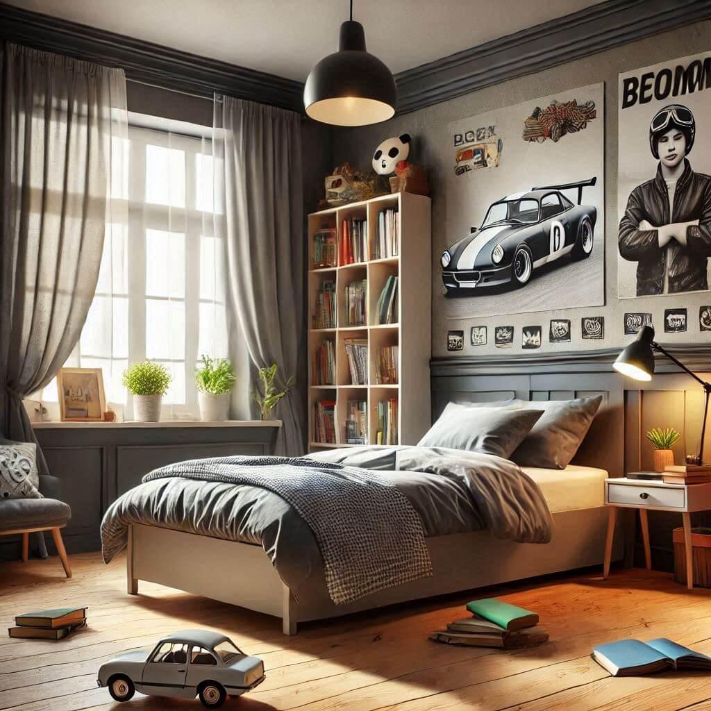 Une jolie chambre dun adolescent avec un lit simple des affiches de voitures des livres