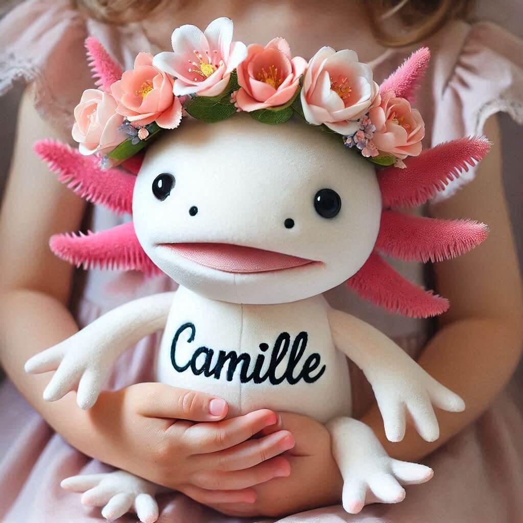 Une peluche axolotl avec une couronne de fleurs personnalisee avec le prenom camille