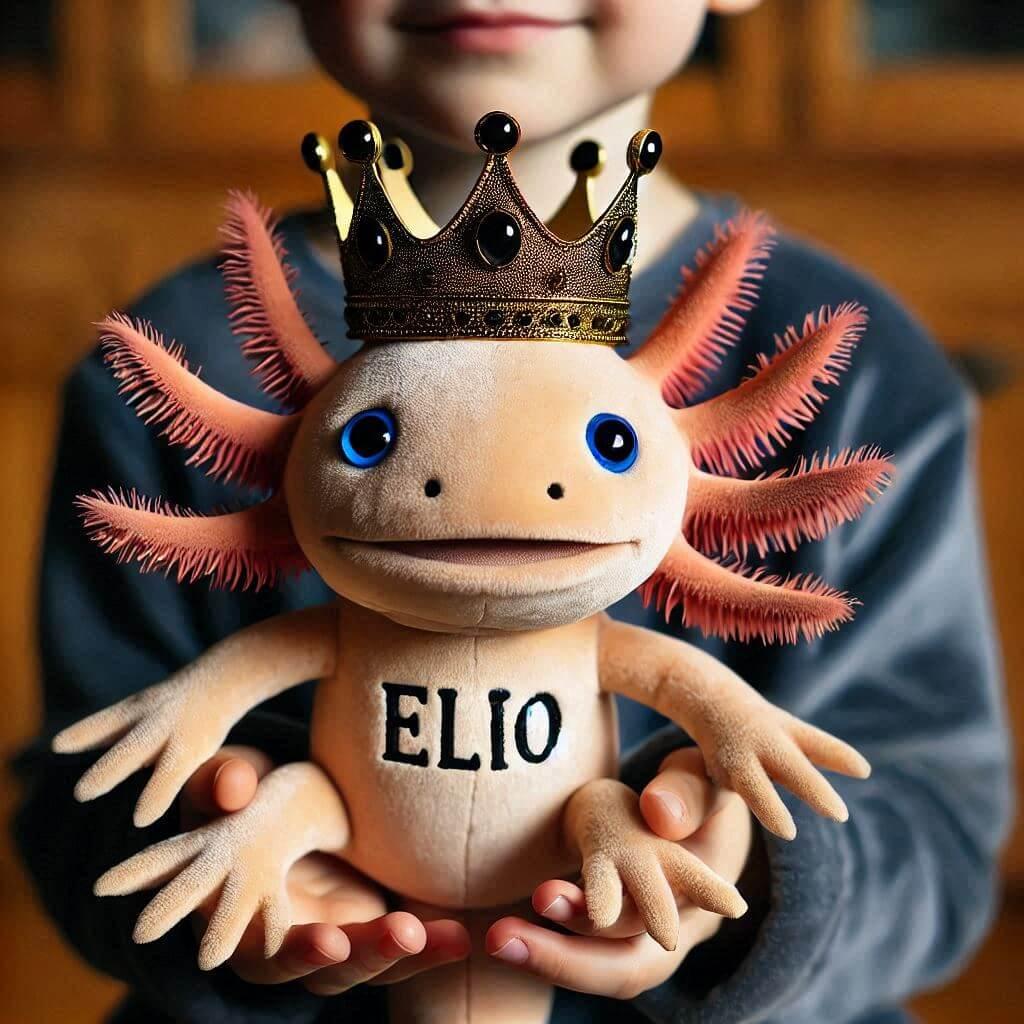 Une peluche axolotl avec une couronne personnalisee avec le prenom elio dans les mains dun petit garcon