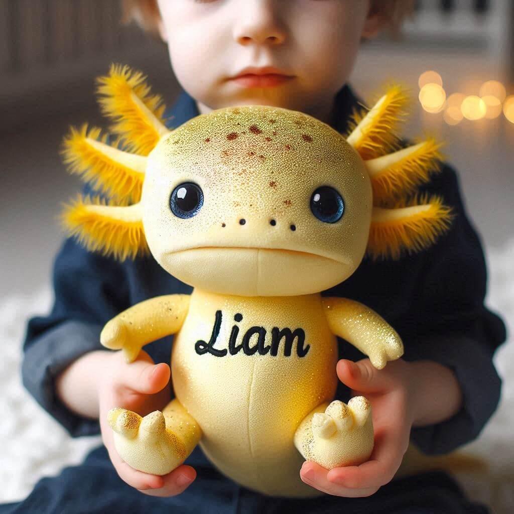 Une peluche axolotl paillete jaune personnalisee avec le prenom liam dans les mains dun petit garcon