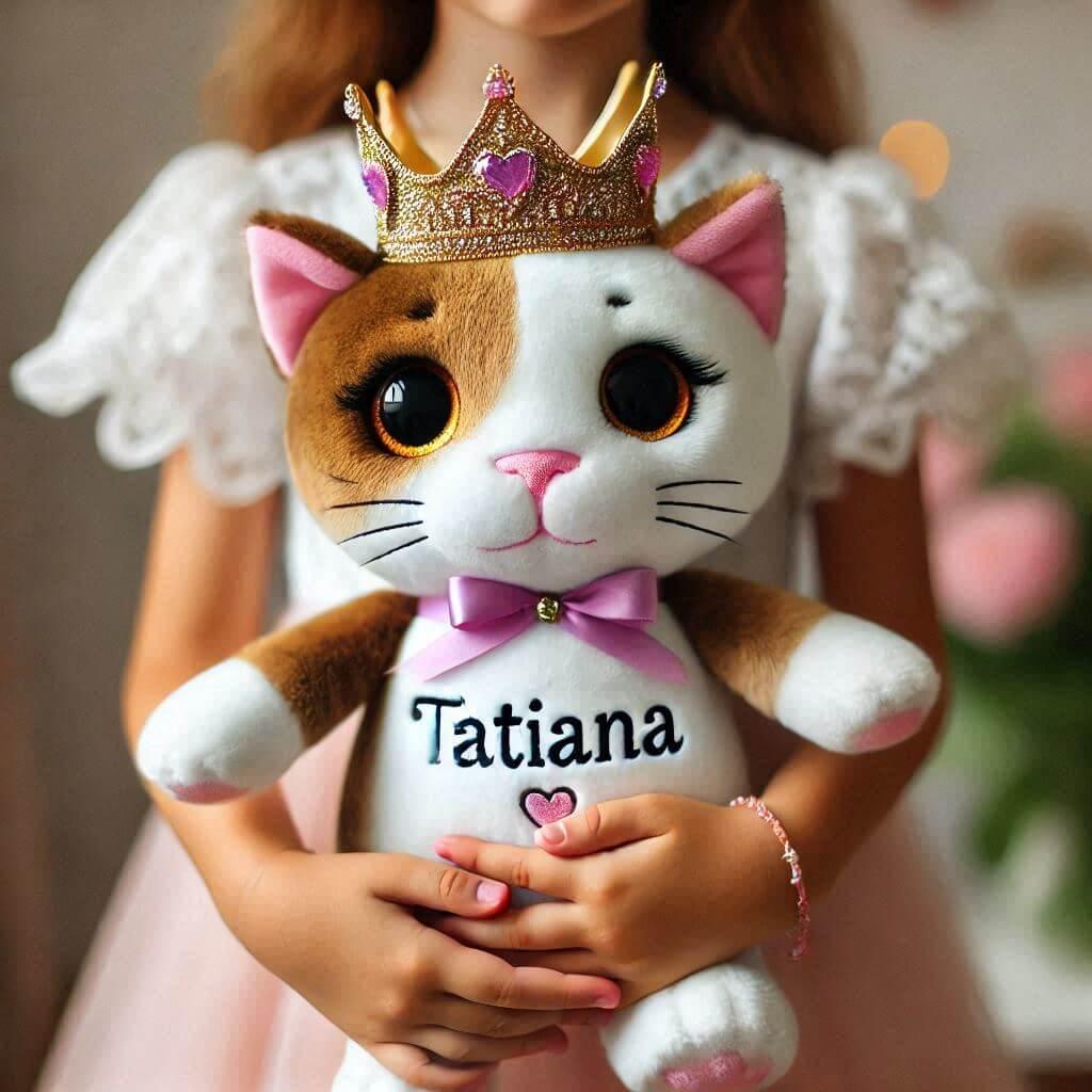 Une peluche chat avec une couronne personnalisee avec le prenom tatiana dans les mains dun petite fille 1