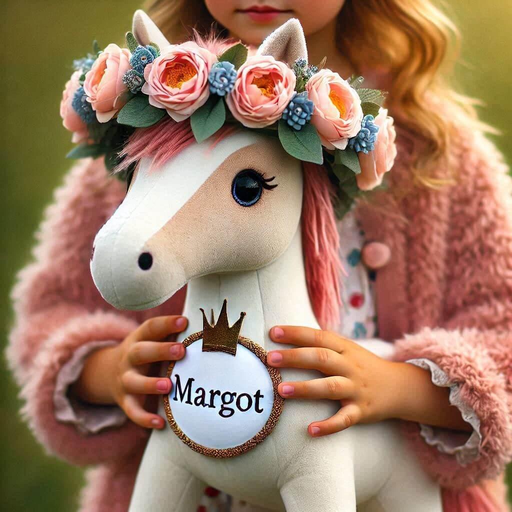 Une peluche cheval avec une couronne de fleurs personnalisee avec le prenom margot avec un accent e dans les mains dune petite fille 1