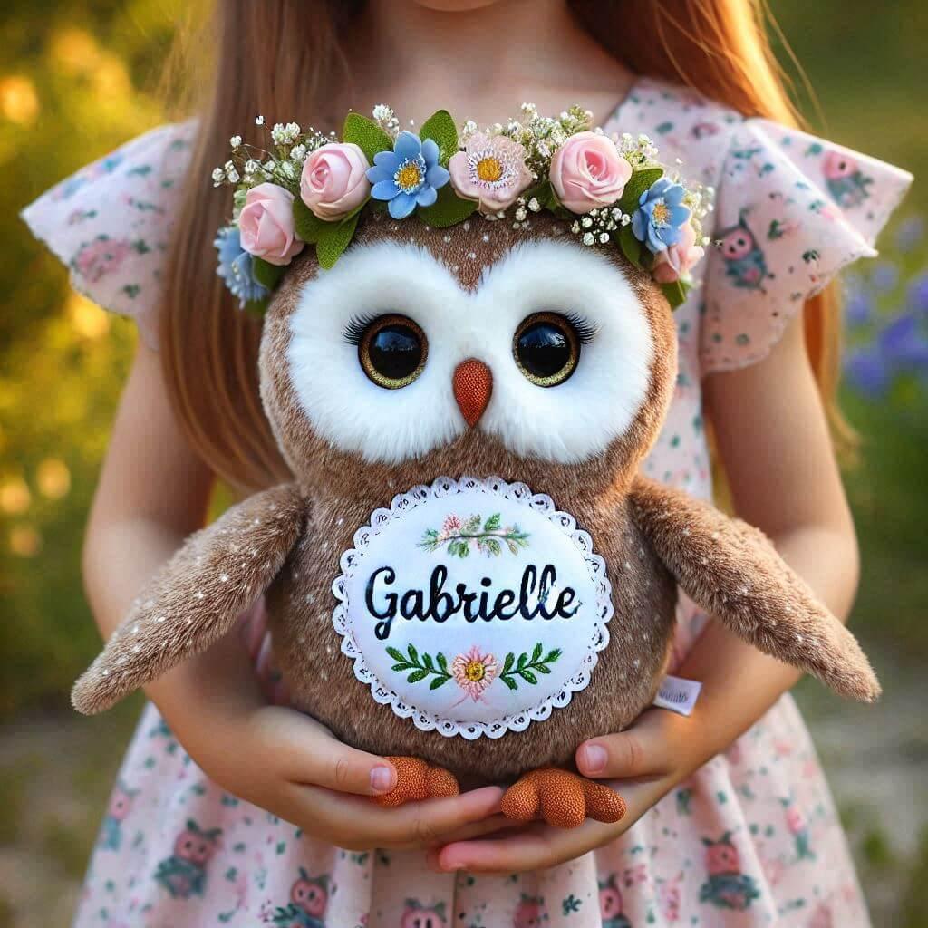 peluche chouette pour enfant personnalisé avec le prenom Gabrielle