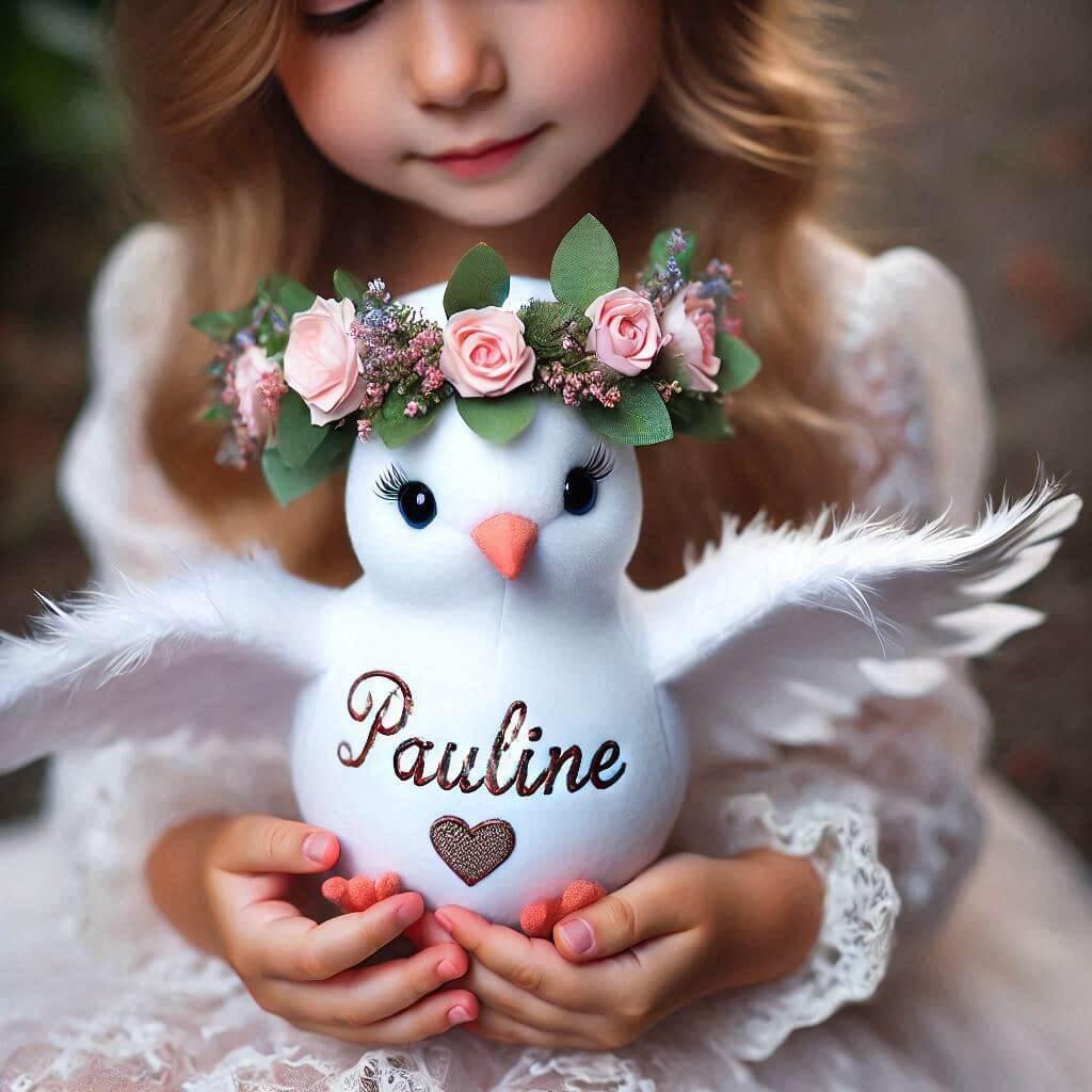 Une peluche colombe avec une couronne de fleurs personnalise avec le prenom pauline dans les mains dune petite fille