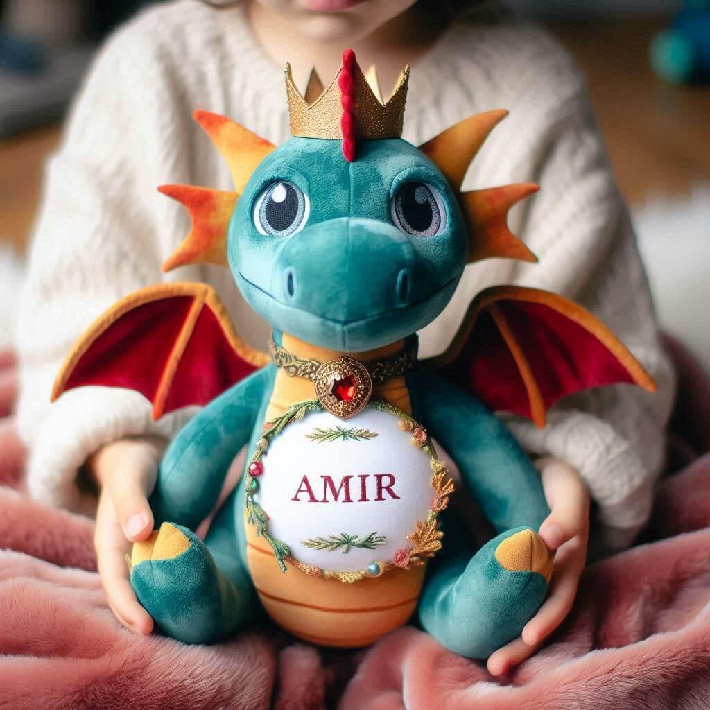 Une peluche dragon amical avec une couronne personnalisee avec le prenom amir dans les mains d un petit garcon