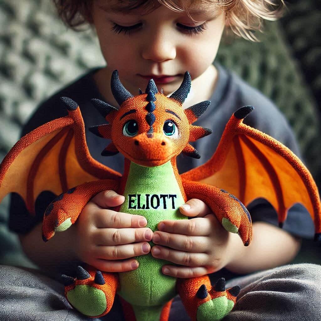 Une peluche dragon avec le prenom eliott dans les mains dun petit garcon