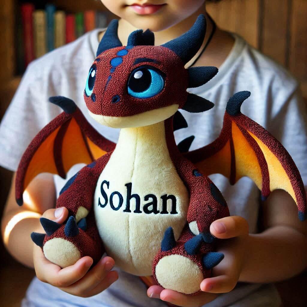 Une peluche dragon avec le prenom sohan dans les mains dun petit garcon