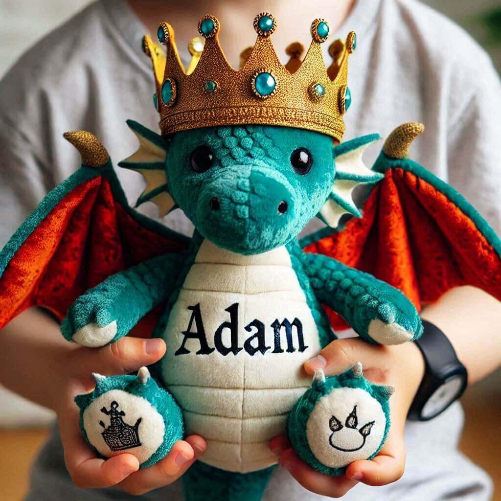 Une peluche dragon avec une couronne personnalisee avec le prenom adam dans les mains dun petit garcon 1