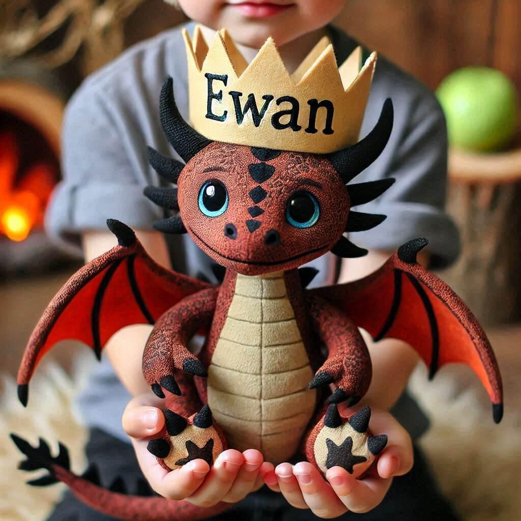 Une peluche dragon avec une couronne personnalisee avec le prenom ewan dans les mains dun petit garcon 1