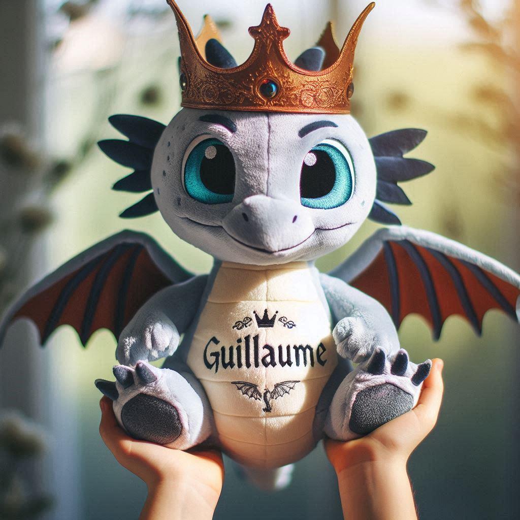 Une peluche dragon avec une couronne personnalisee avec le prenom guillaume dans les mains dun petit garcon