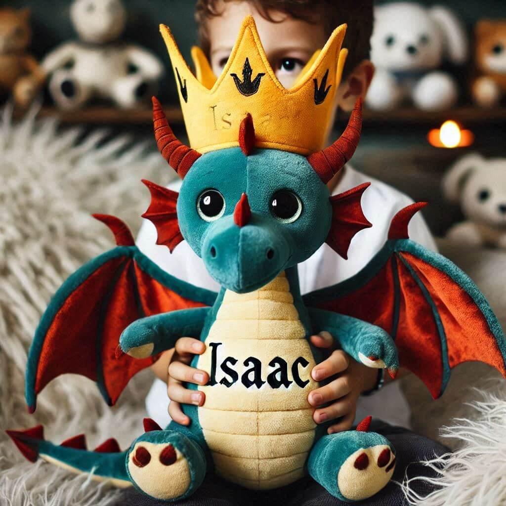 Une peluche dragon avec une couronne personnalisee avec le prenom isaac dans les mains dun petit garcon