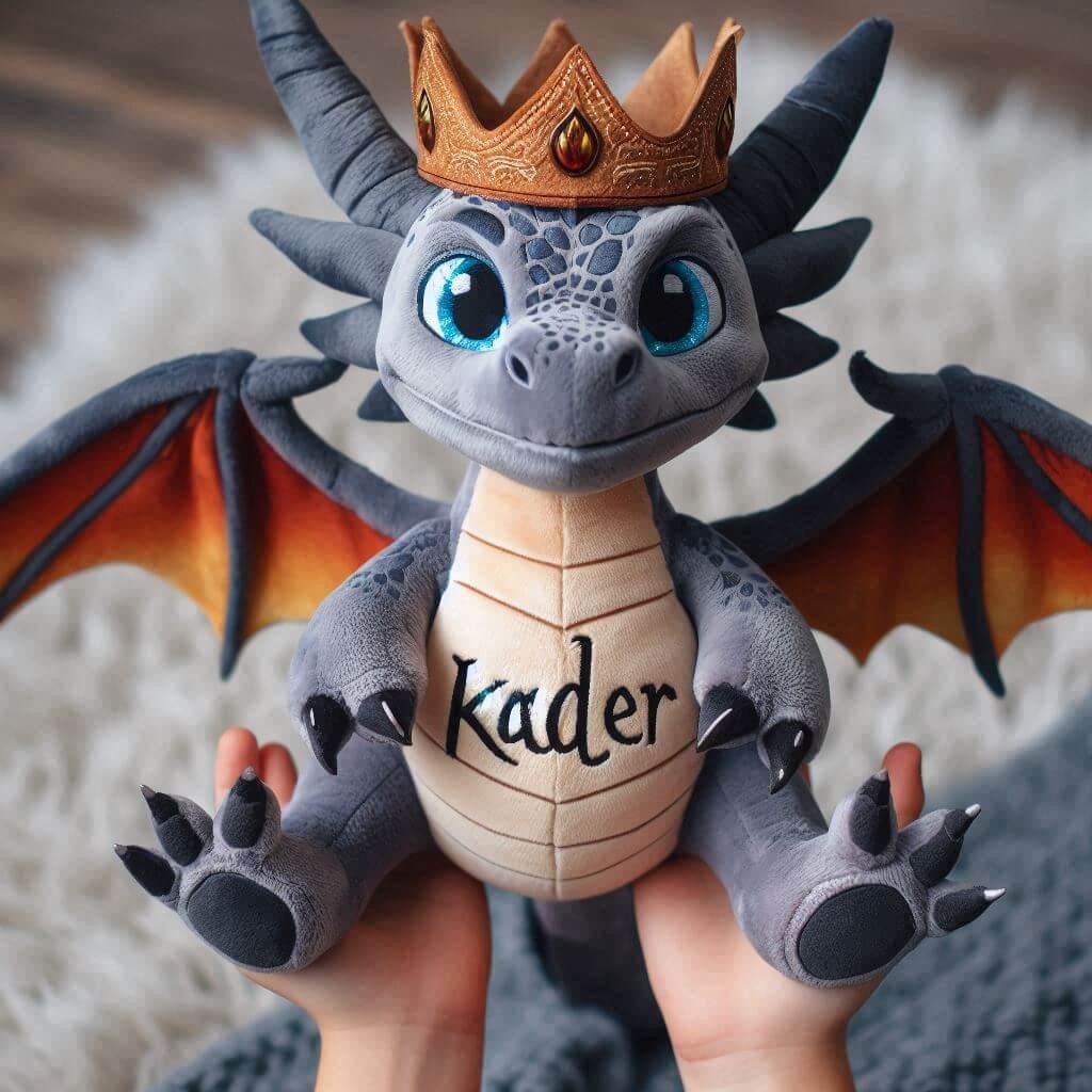 Une peluche dragon avec une couronne personnalisee avec le prenom kader dans les mains dun petit garcon