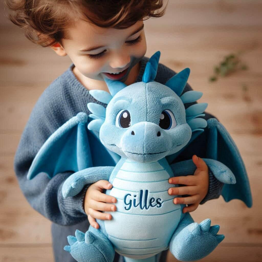 Une peluche dragon bleu ciel personnalisee avec le prenom gilles dans les mains dun petit garcon 1