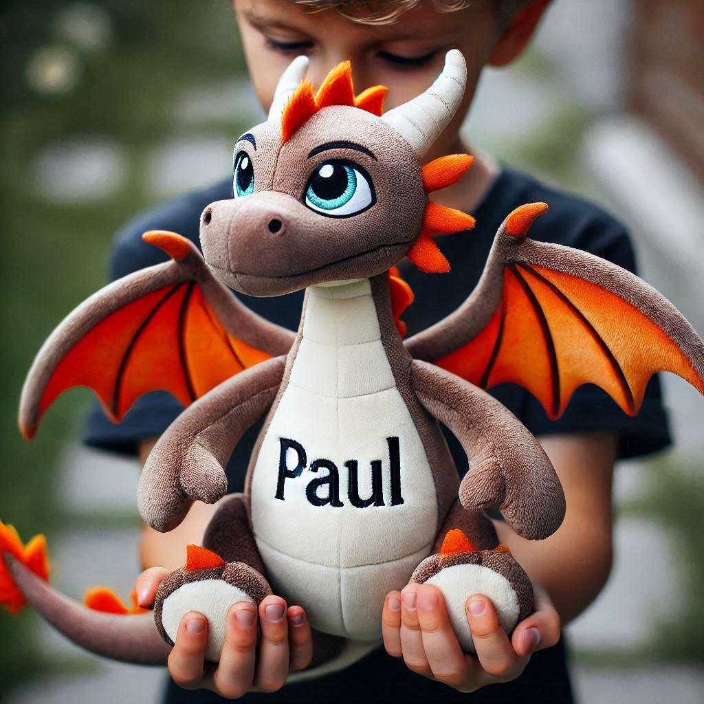 Une peluche dragon personnalisee avec le prenom paul dans les mains d un petit garcon