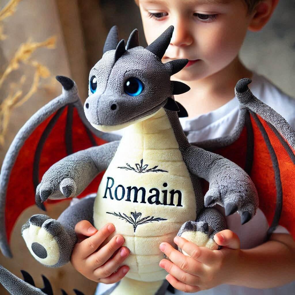 Une peluche dragon personnalisee avec le prenom romain dans les mains dun petit garcon