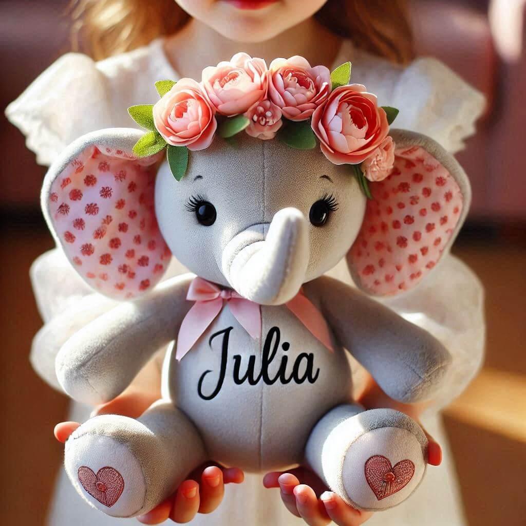 Une peluche elephant avec un serre tete fleur personnalise avec le prenom julia dans les mains dune petite fille